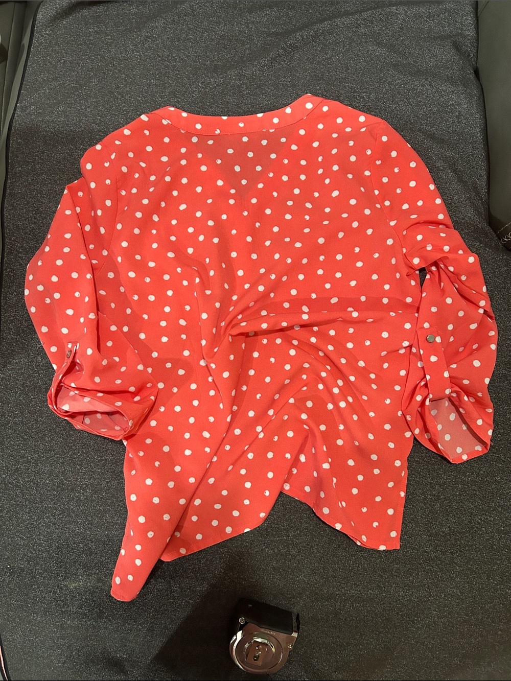Adrienne Vittadini Coral White Polka Dot Zip-Pocket V-Neck Blouse - Picture 5 of 5
